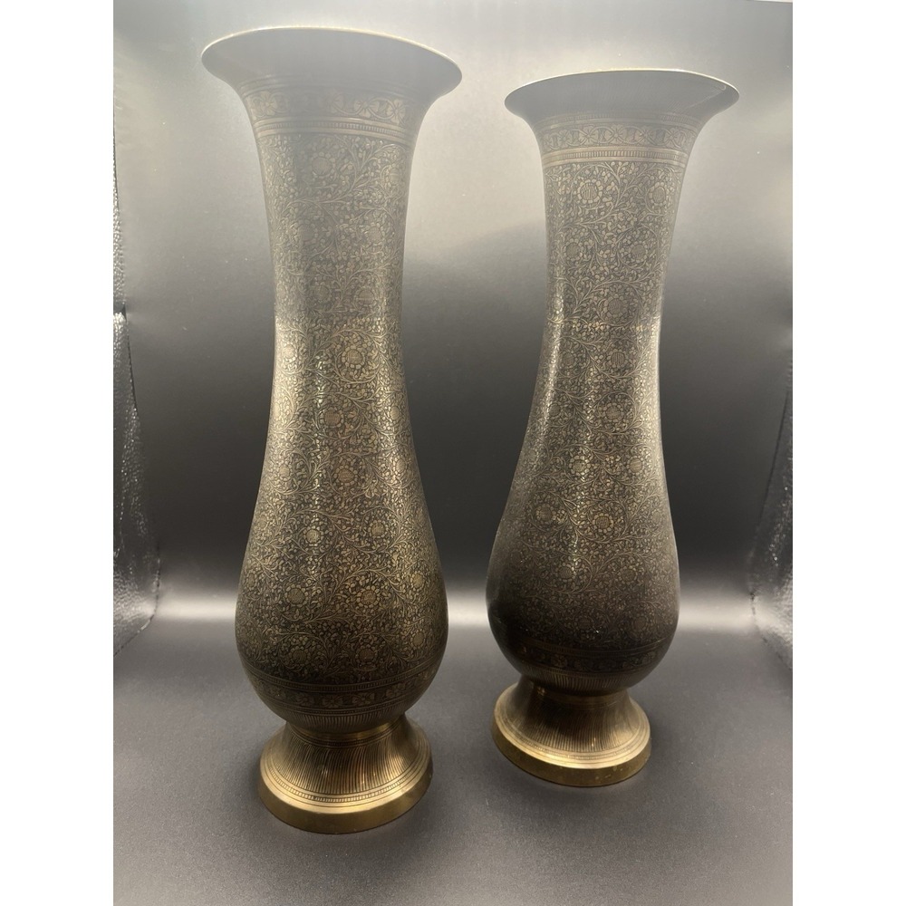 VTG Pair of 2 Middle Eastern Persian MCM Floral Etched Brass Vase 12"